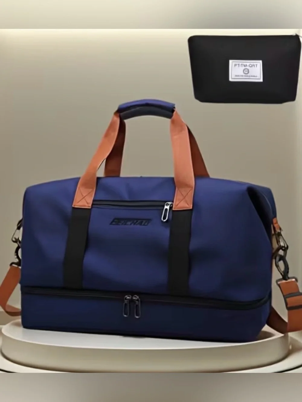 Navy Travel Duffel with Brown Handles